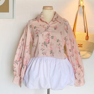 Pink Floral Puff Sleeve Blouse Vintage Cottagecore